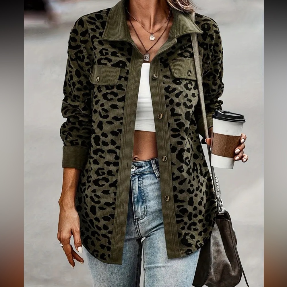 Animal Print Ribbed Button Down Shaket